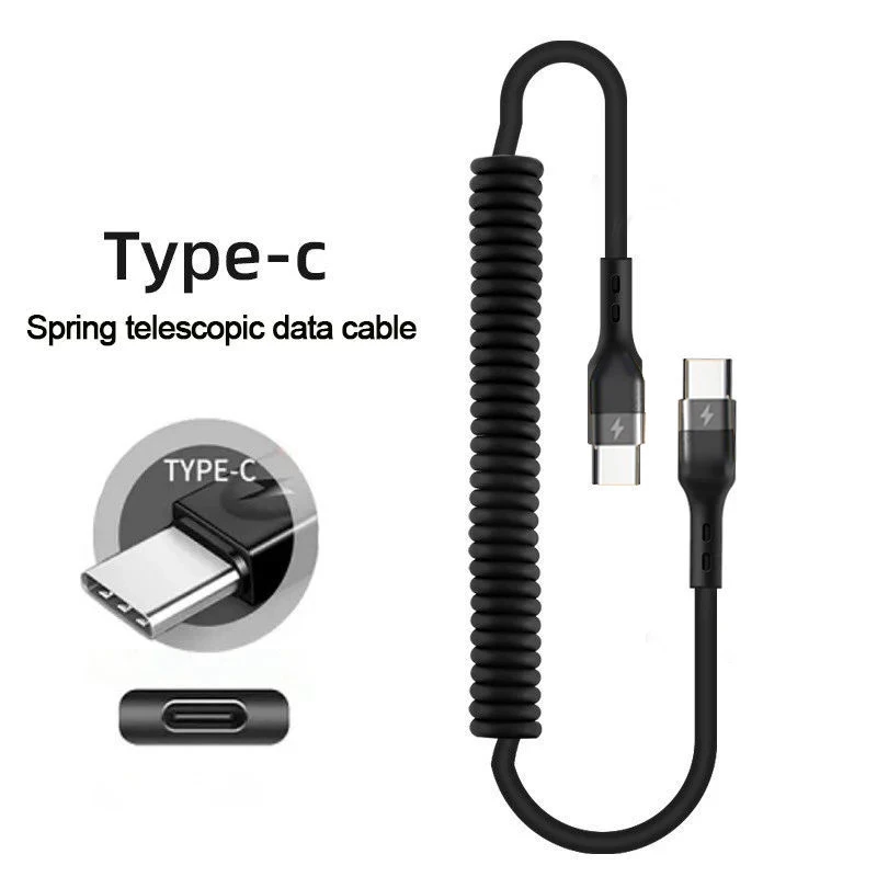 PD66W 5A Double USB-C To Type C  Fast Charging Spring Data Cable Telescopic Car Charger Cord For Samsung Huawei  Xiaomi Macbook