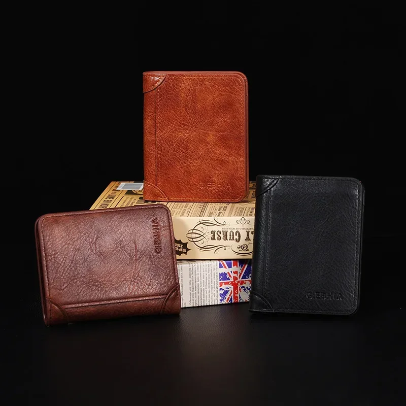New Leather Wallet Retro Business Design Rfid Protection Short Card Holder Coin Purses Money Bag Men Business Wallet Handbag