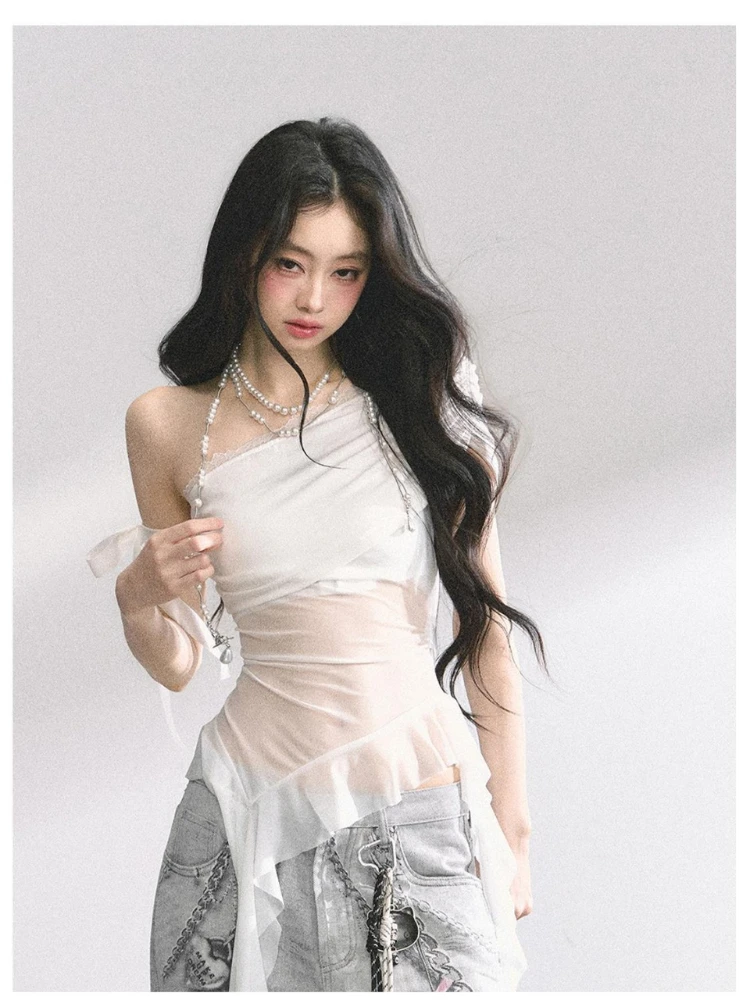 

French style pure desire lace patchwork camisole women's vest summer retro trend slim fit Harajuku spicy girl top emo