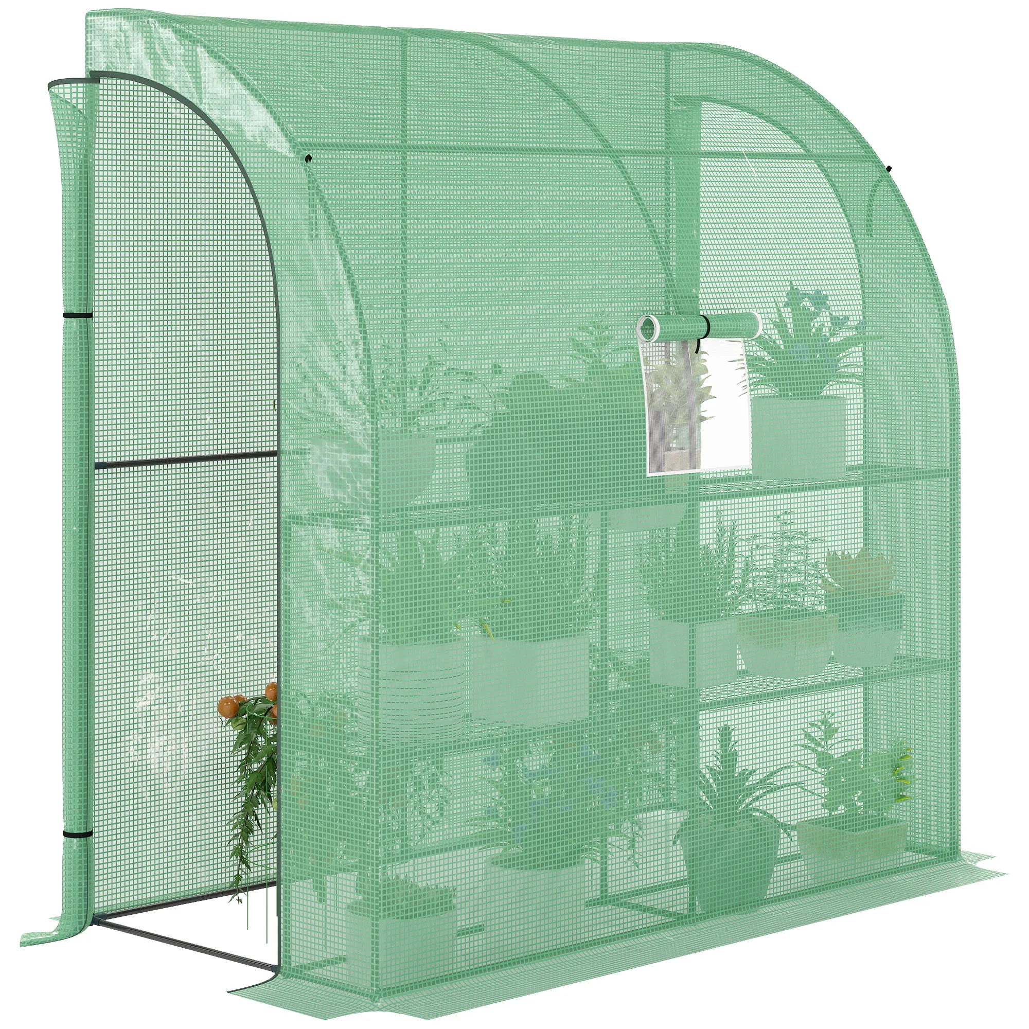 

Outsunny 7' x 3' x 7' Lean to Greenhouse, Walk-In Green House, Plant Nursery with 2 Roll-up Doors and Windows, PE Cover and 3 Wire Shelves, Green
