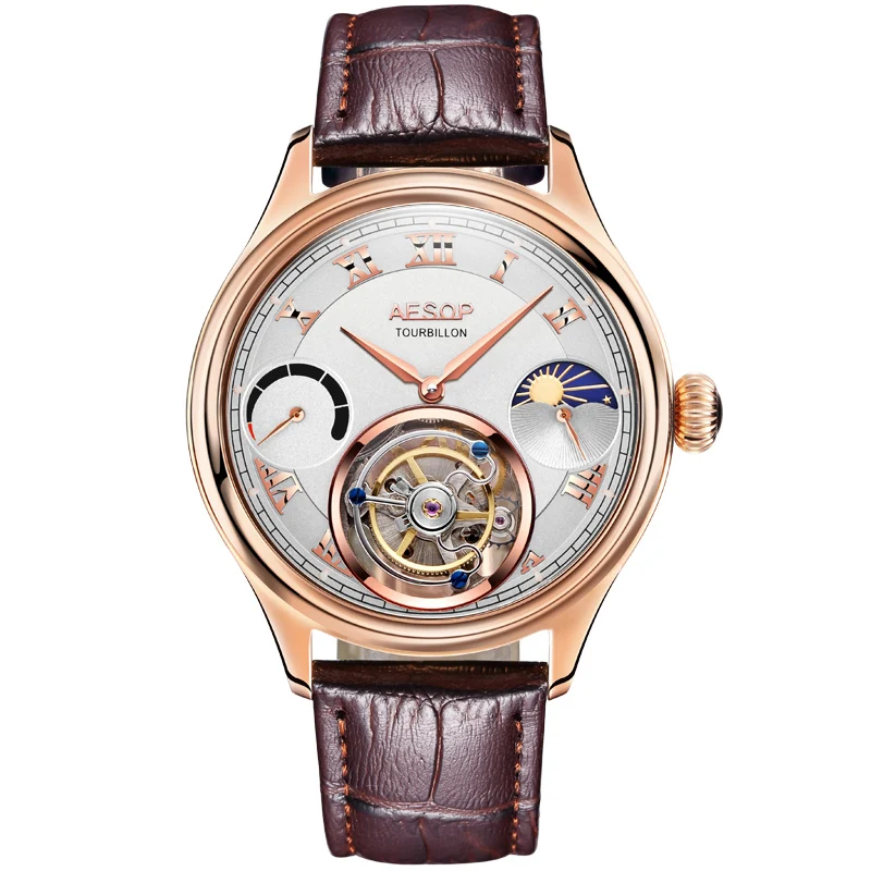 Aesop 7001 Manual Tourbillon Movement Synthetic Sapphire Crystal Stainless Steel Comfortable Genuine Leather Luminous Waterproof