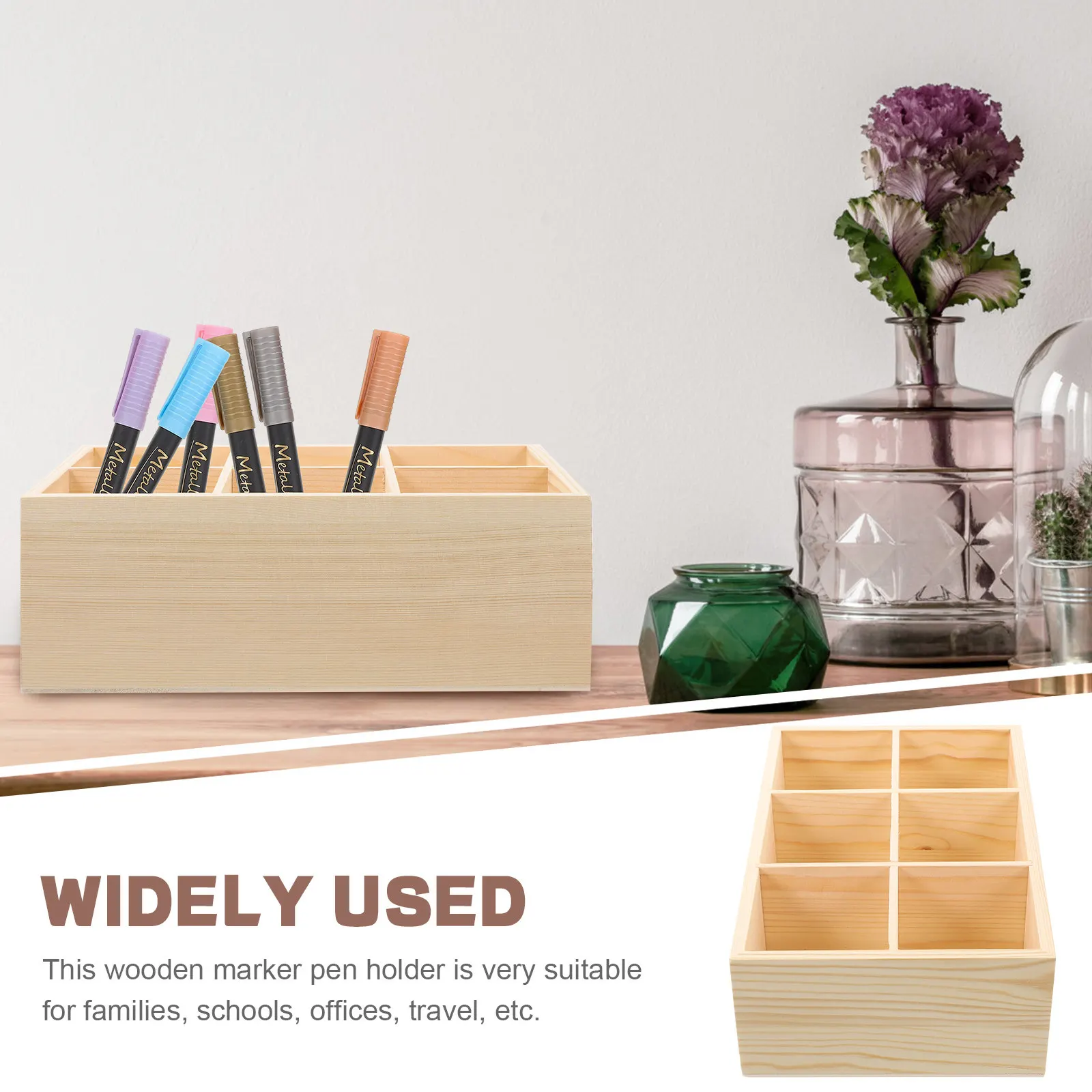 Premium Wooden Marker Storage Box Multi-Compartment Pen Holder for Desk Makeup Brushes Colored Pencils Crayons Travel Friendly