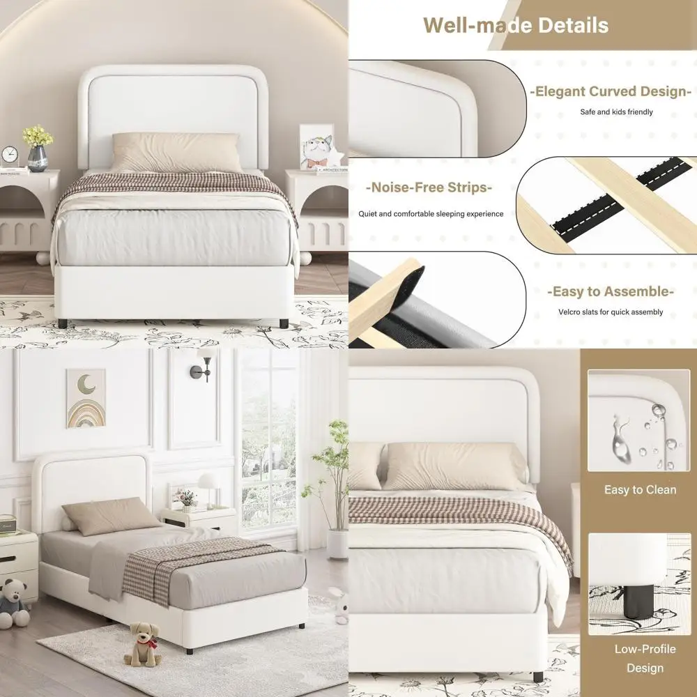 

Twin Size Barnurin Upholstered Bed with Leather Platform, Curved Slat Design, White, No Box Spring Needed, Easy to Assemble