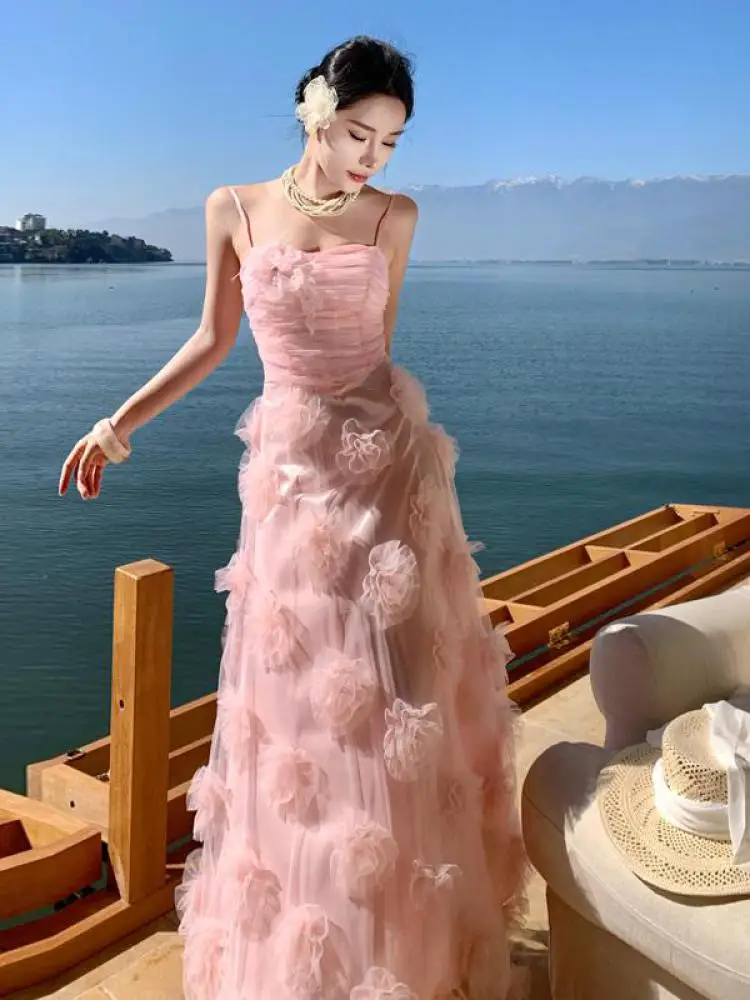 

Summer Sweet Pink Mesh Elegant Vacation Evening Party Long Dress Women High Waist Slim Sleeveless Pleated Fairy Slip Dress 2025