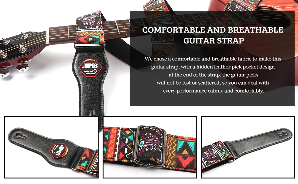 Baumwoll-Gitarrengurt mit Lederende, verstellbarer weicher Gurt für Bass, elektrische und akustische Gitarren, kostenlose Gitarrenplektren*3 – Detail 10
