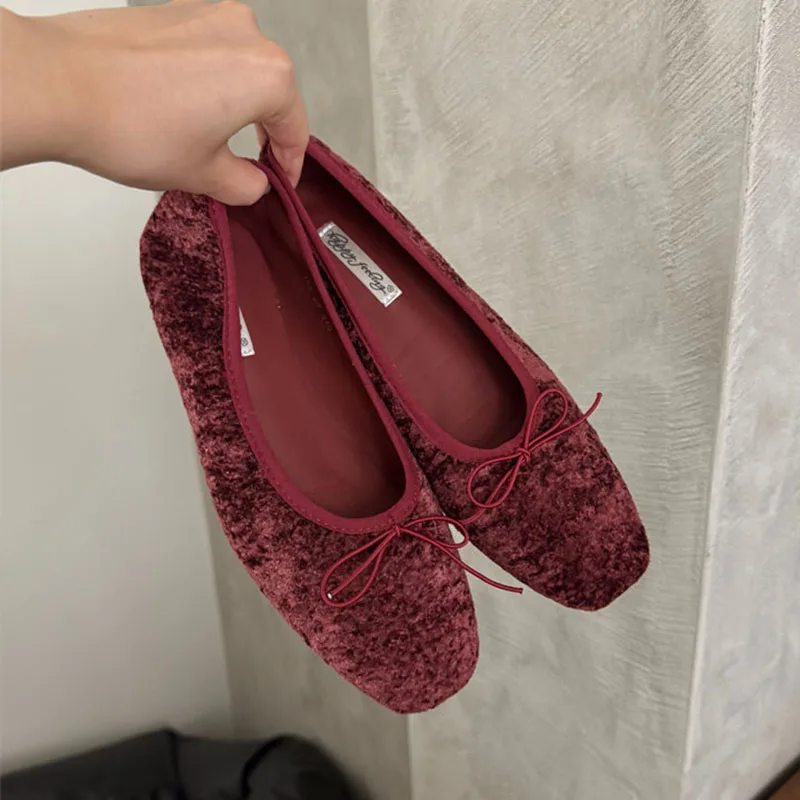 Weiche flache Schuhe für Damen, Neuheiten für Herbst und Winter, lässige Damen-Flachschuhe mit Schmetterlingsknoten, flache modische Flockschuhe für Damen – Detail 5