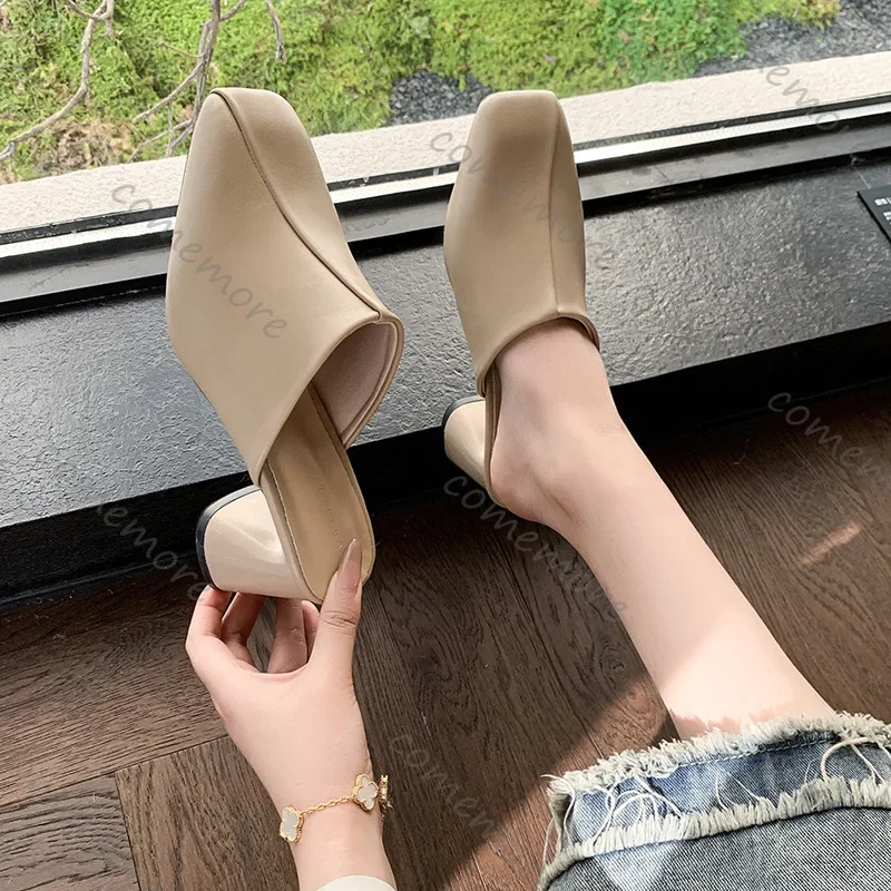 Comemore Baotou Half Slippers Women Square Head High Heels Shoes Fashion Outside Wear Thick Heel Solid Color Mules Slides Shoes
