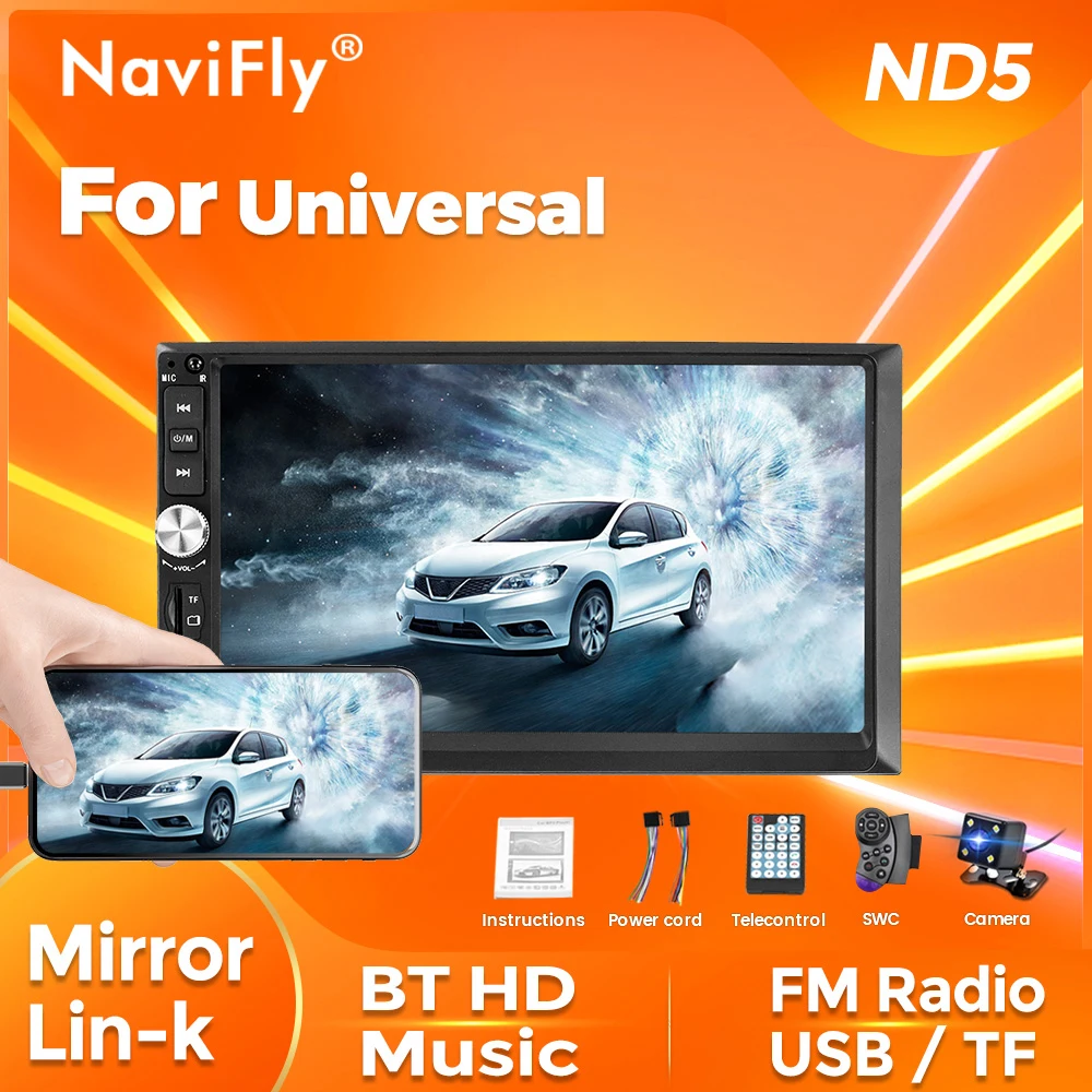 Navifly 차량용 스테레오 라디오, Lin-k 멀티미디어 비디오 플레이어, MP3, MP5, BT, AUX, FM, USB, SWC, 7 인치, 2 Din 