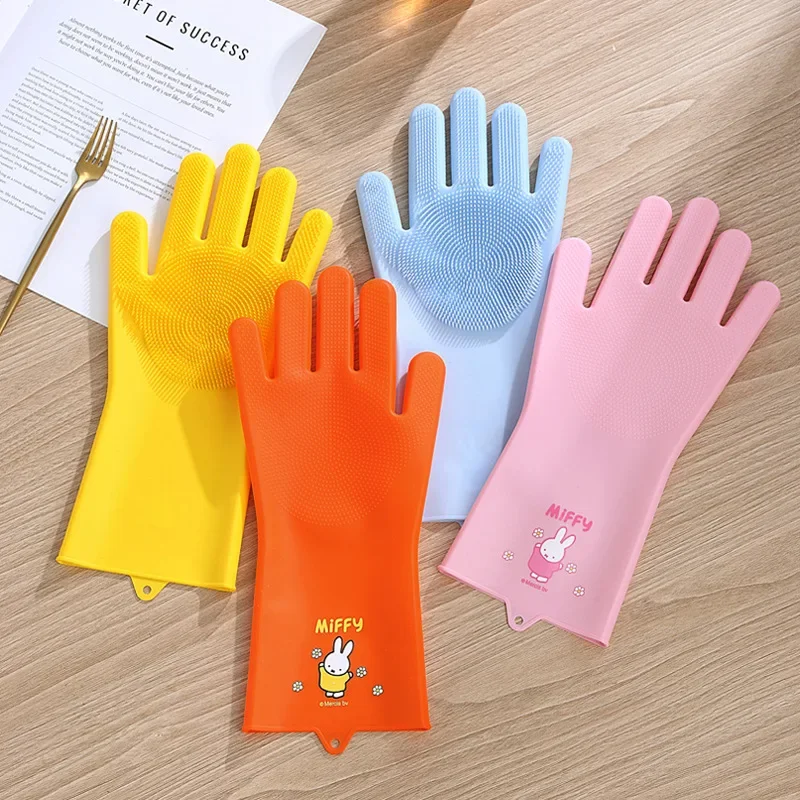 Kawaii Miffy Kitchen Household Cleaning Gloves Reuse Hard-wearing Silicone Gloves for Dishes and Vegetables Christmas Gifts