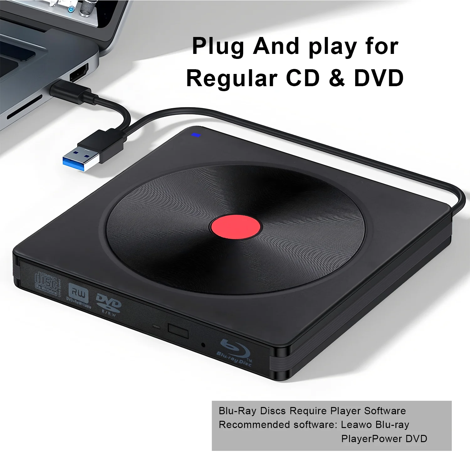 Drive Blu-ray Eksternal, Pembaca BD USB 3.0 & Tipe-C, Pembakar DVD/CD – Pemutar Blu-ray Portabel untuk Laptop PC, Windows/Linux/Mac OS