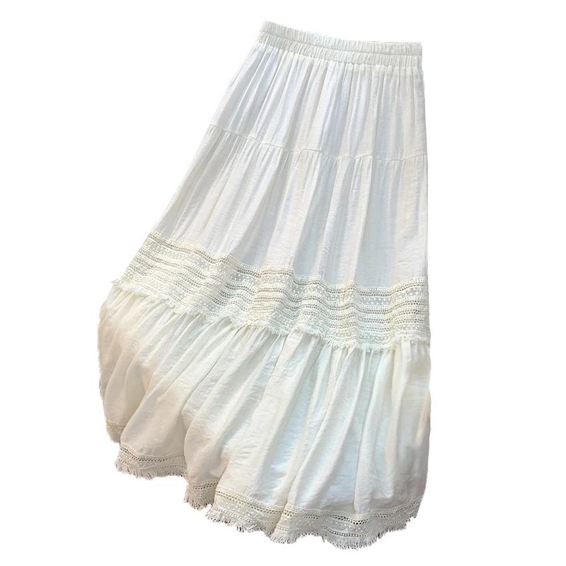 Gonna longuette a trapezio bianca gonfia da donna Inizio autunno 2025 Gonna svasata con finiture in pizzo Cotone Lyocell Vita alta Pendolarismo Ci