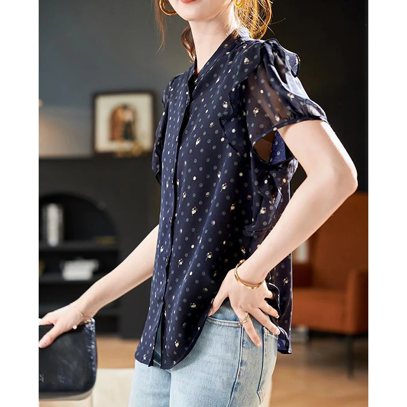 Moda O-Collo Stampato Increspature Polka Dot Camicie Abbigliamento donna 2025 Estate Nuovo Allentato Manica corta All-match Top Camicette coreane