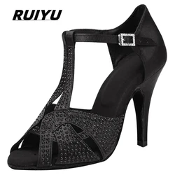 Zapatos de baile latino de tacón alto para mujer, sandalias de satén negro con diamantes de imitación, Salsa, Tango, fiesta de salón, novedad de verano