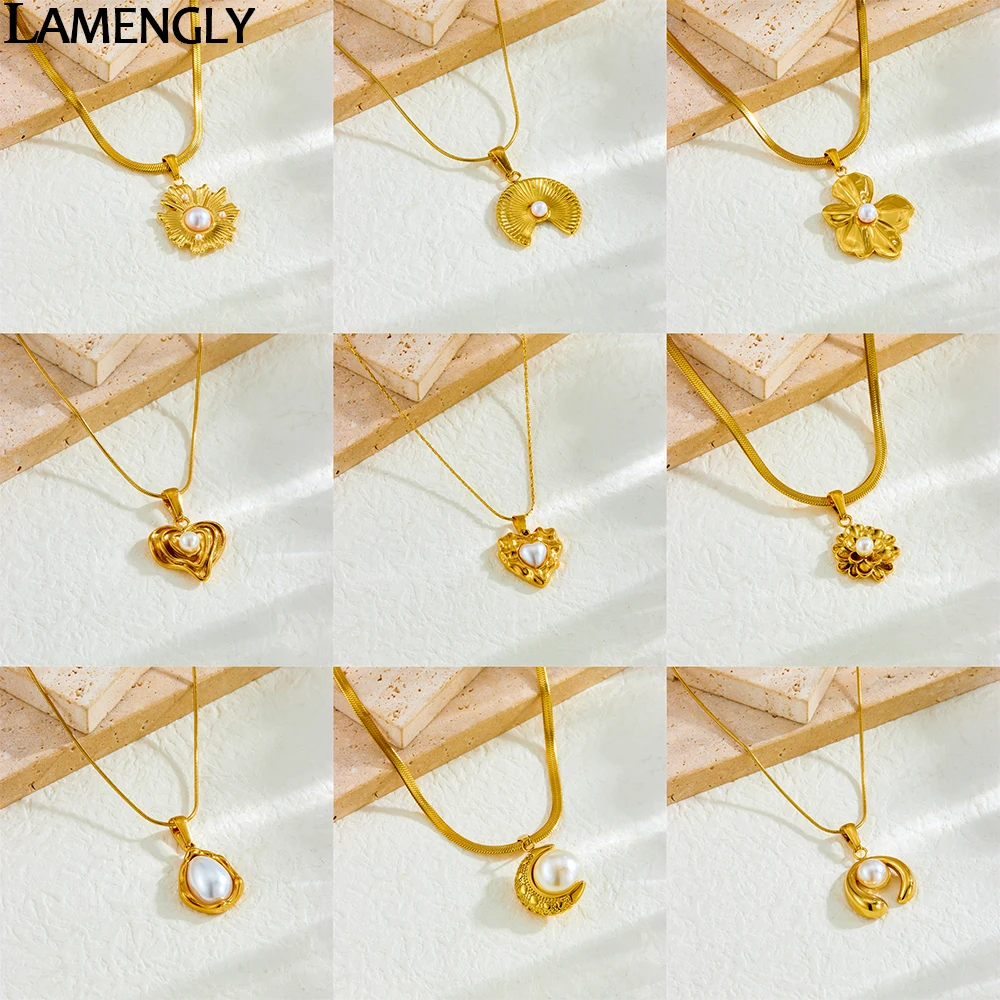 LAMENGLY 316L Stainless Steel White Pearl Style Geometry Disc Flower Heart-Shaped Necklace For Women Exquisite Clavicle Chain