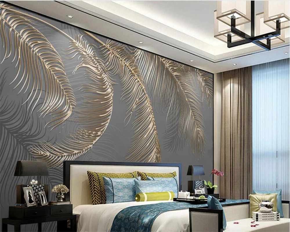 Customized large wallpaper 3d hand-painted light luxury feather ins background wall golden embossed line TV decorative mural