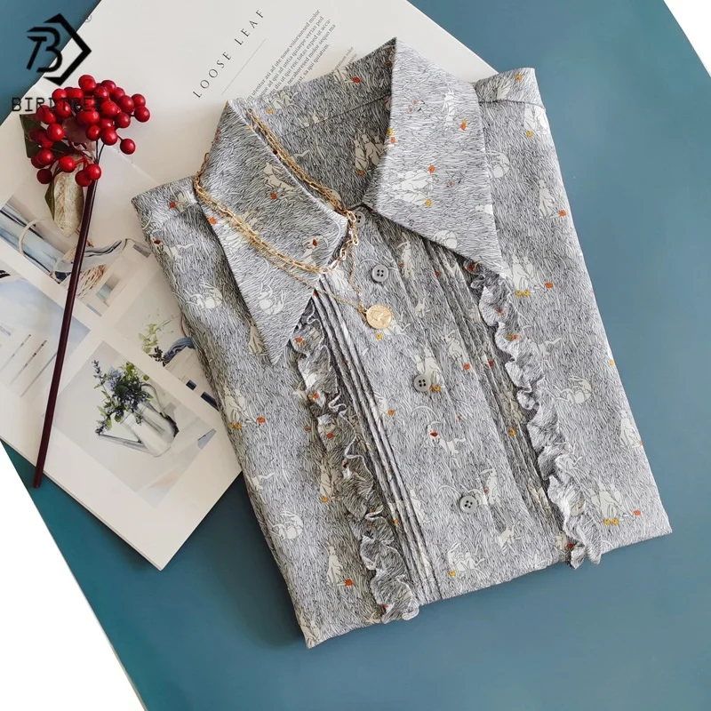 

Birdtree,17MM 100% Real Silk Print Blouse,Women's Double Crepe Wrinkled Edge Shirts,Full Sleeve Tops,2025 New Shirt T5D314JF