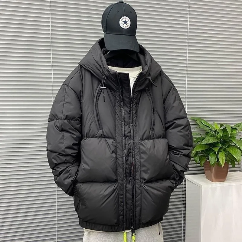 2026 Fashion Solid Color Down Cotton Jacket Men's Winter Short Pockets Hooded Coats Men Loose Cotton-padded Overcoats C955