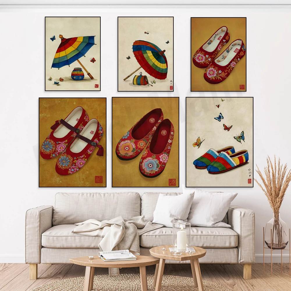 Retro Korean-style parasols, butterfly illustrations, Korean-style canvas shoes, folk posters, floral art, Asian decorations.