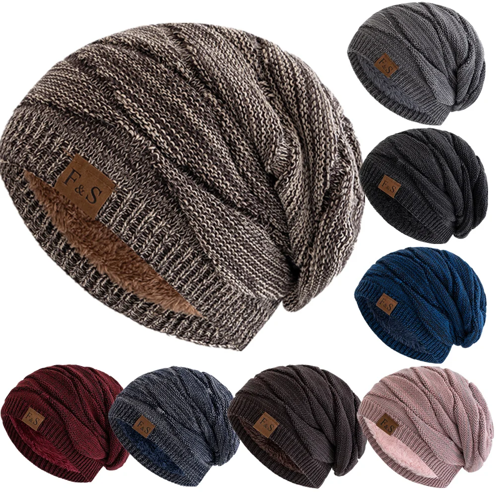 Nieuwe Unisex Slouchy Winter Hoeden Warme Fleece Gevoerde Beanie Cap Mannen Vrouwen Casual Label Decor Winter Gemengde Kleur Gebreide Hoeden