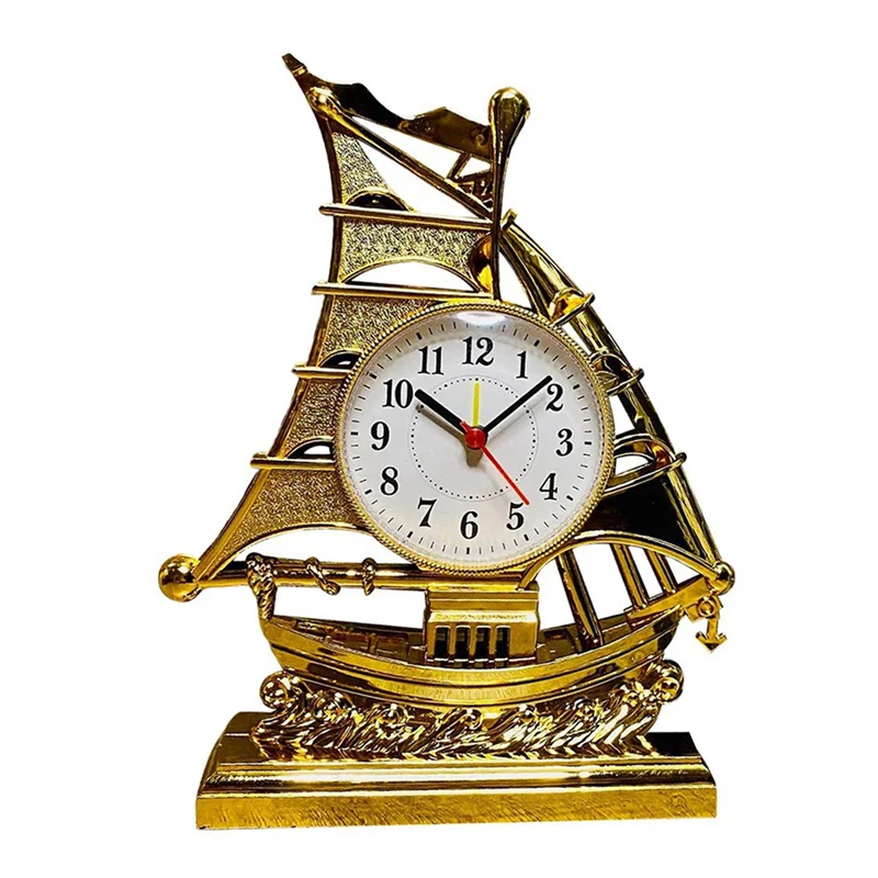 Clock Alarm Sailboat Table Vintage Retro Model Ornament Nautical Desk Clocks Boat Figure Silent Bedside,Gold Easy To Use