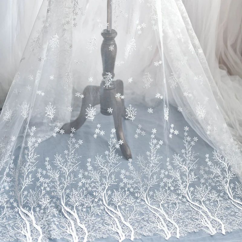 White Embroidered Lace Mesh Fabric for DIY Sewing Handmade Wedding Dress Decorative Accessories Clothing Fashion Material Cloth