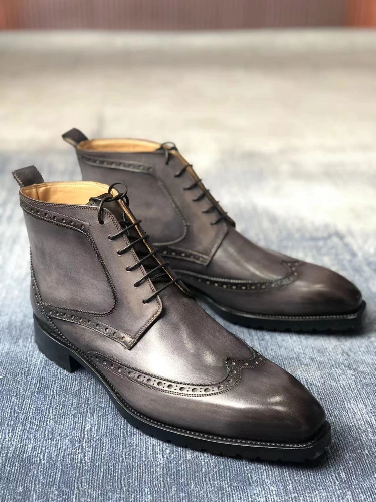 cie Patina Grey Goodyear Welted Lacing-up Boot Handmade Shoes Leather Out-sole with Gear Anti-slip Sole Ankle Boots  MA17