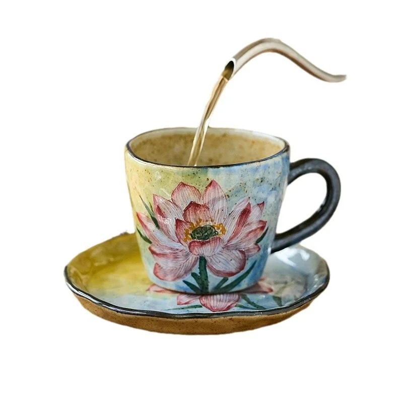 

Hand-painted lotus underglaze hand-squeezed coffee cup with saucer Jingdezhen Chinese mug large-capacity water cup