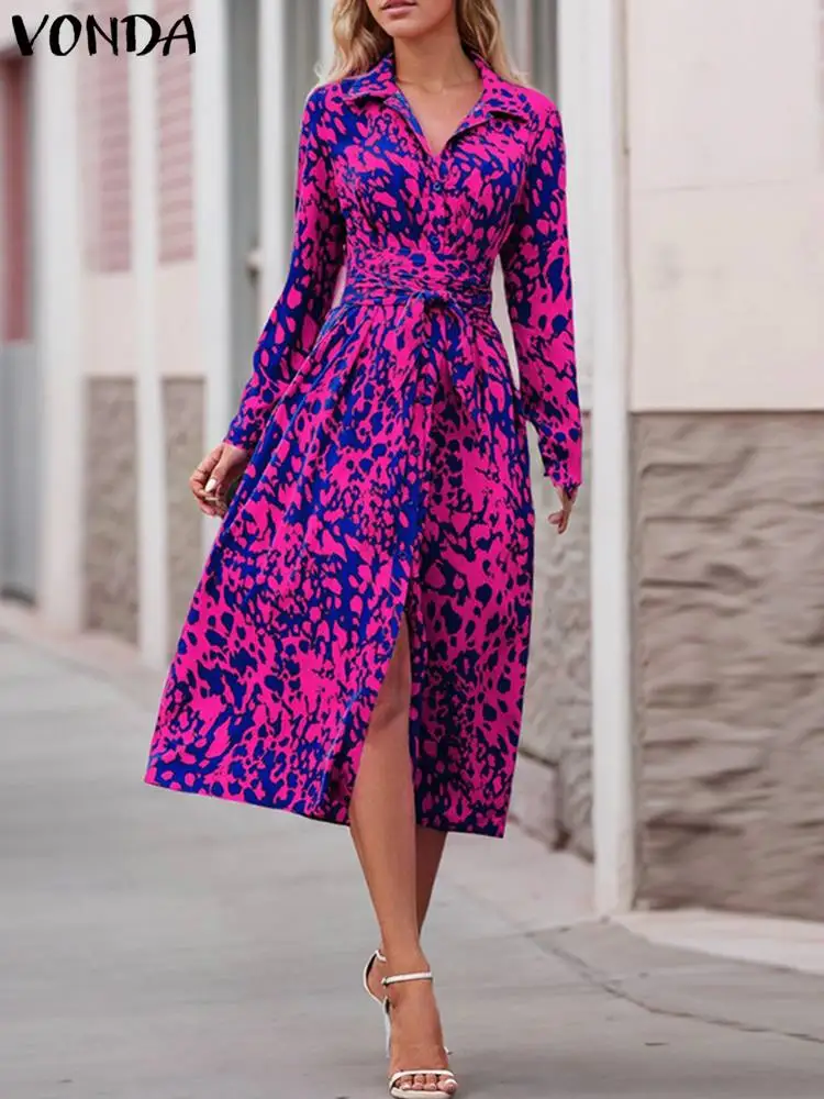 Plus Size VONDA Women Elegant Printed Long Dress 2024 Autumn Bohemian Long Sleeve Belted Casual Midi Sundress Loose Shirt Robe