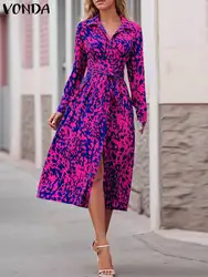 VONDA Elegant Women Bohemian Long Shirt Dress 2024 Autumn Long Sleeve Belted Casual Printed Midi Sundress Loose Buttons Vestidos