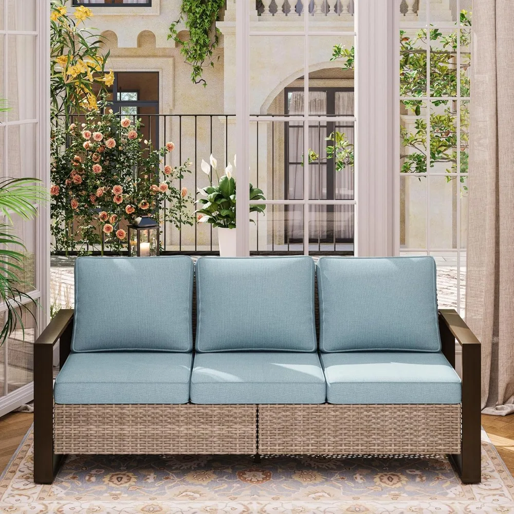 

Металлический плетеный диван для патио, 3-местный диван из ротанга на открытом воздухе с подушками премиум-класса и металлическим подлокотником в прямоугольной деревянной раме