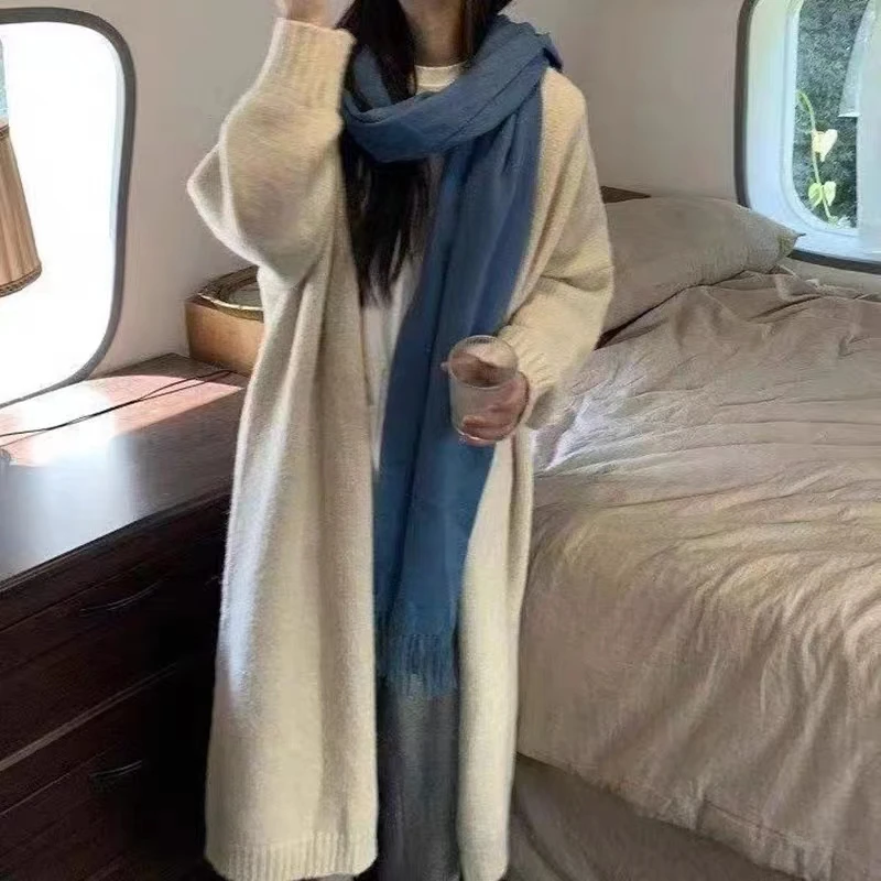 Cardigan tricoté en laine Pure mi-longue pour femme, vêtement d'extérieur au-dessus du genou, coréen, paresseux, automne hiver, nouveau manteau pull Camere