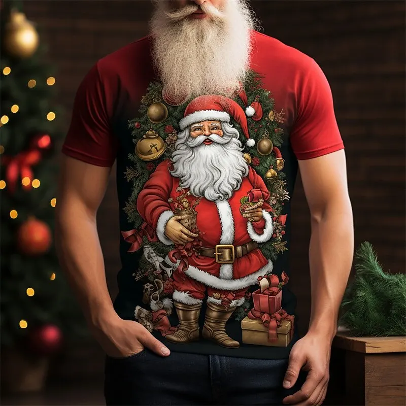 

Fashion Santa Claus Pattern Men's T Shirt Casual O-neck Short Sleeve Loose Tops Funny 3D Print Tees Hip Hop Trend X'mas Clothing