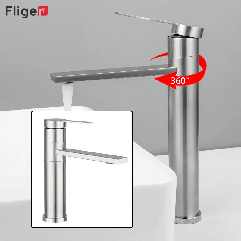 Fliger Brushed Bathroom Sink Faucet Tall Basin Faucet Bathroom Faucet Hot Cold Mixer 360 Tapware Crane Countertop Sink Faucet