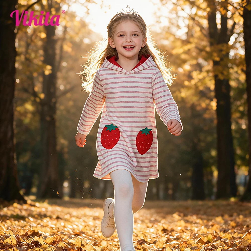 VIKITA Girls Autumn Hoodies Strawberry Pink Striped Straight Dresses Kids Sports Street Fashion Casual Cotton Hoodies Dress