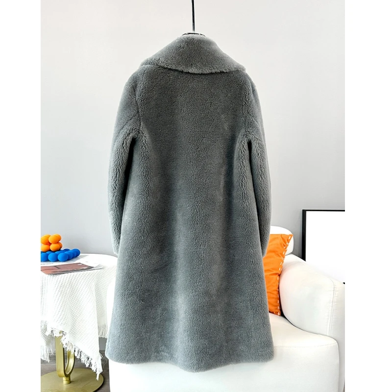 2023 Winter Women Sheep Shearling Mid-long Jacket Female Lamb Wool Warm Coat OverCoat JT3372