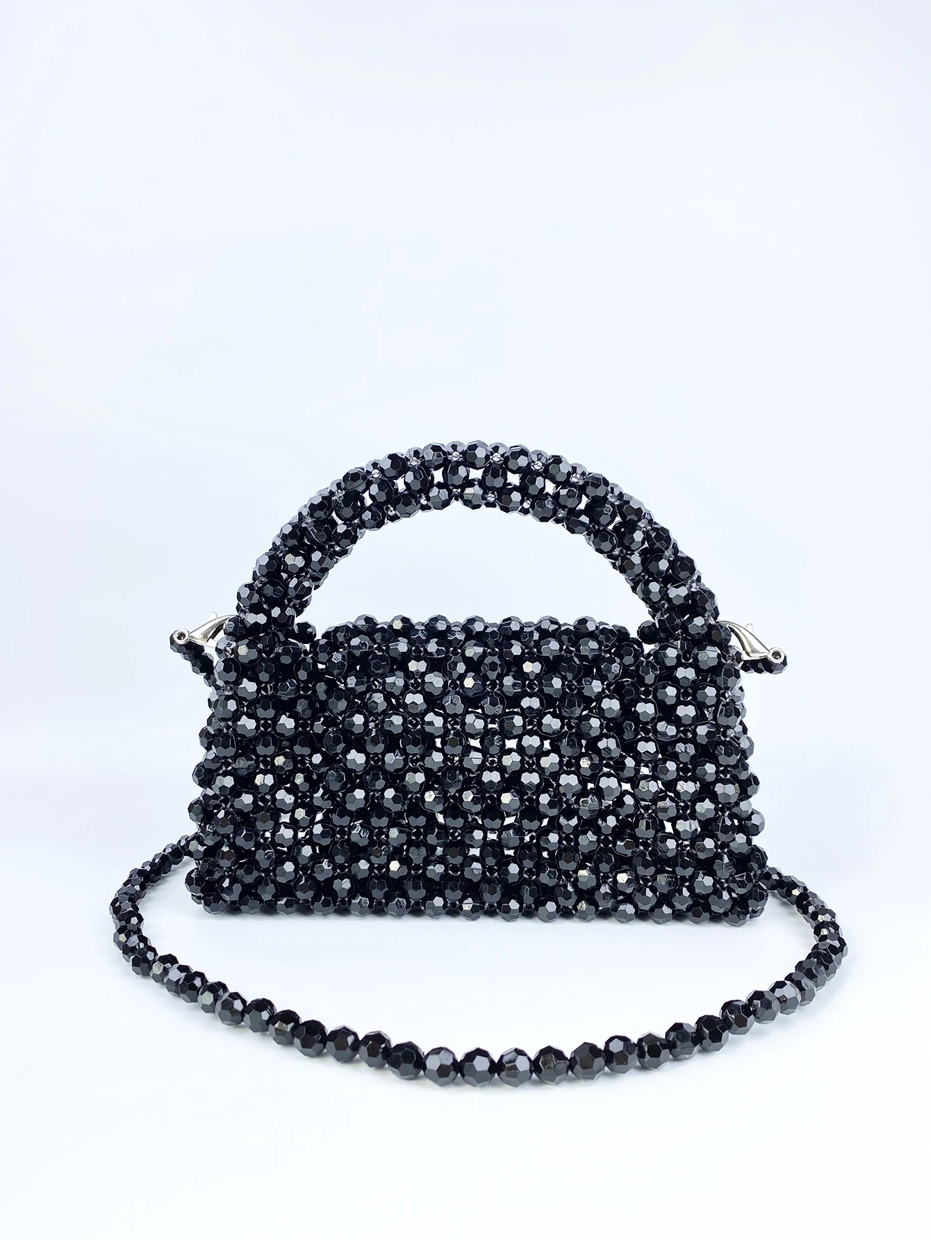 Bestselling and popular beaded handheld phone bag, small square bag, black beads, fashionable and versatile woven bag