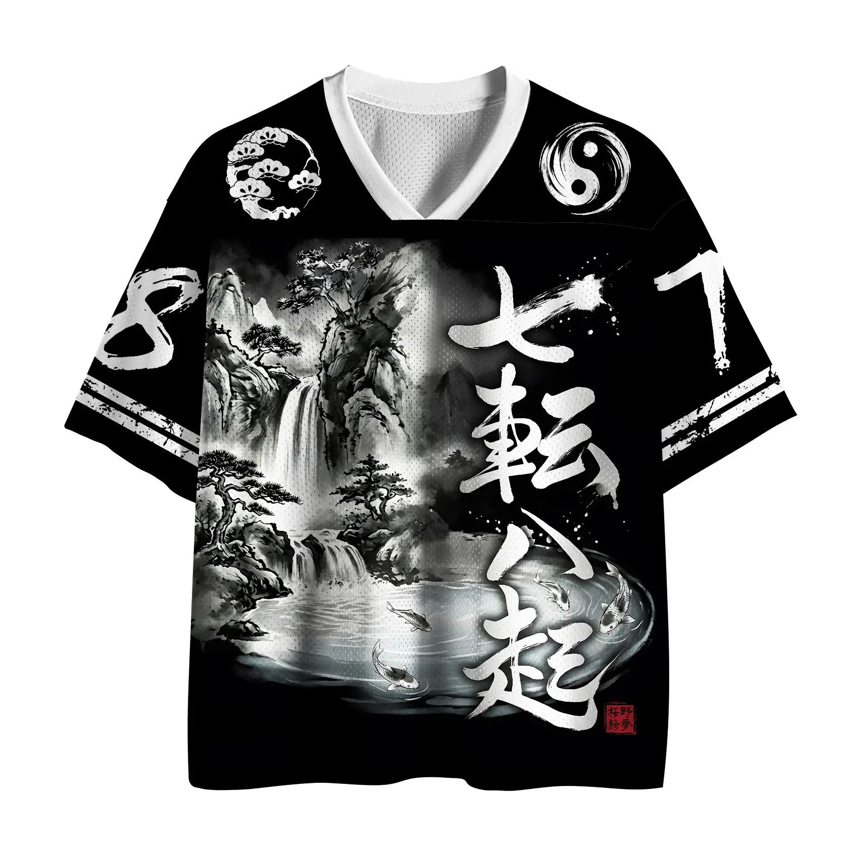 Stunning Ink Wash Mountain Waterfall Koi Print Unisex Streetwear Tee Urban Retro Short Sleeve Top For Daily Wear Street Hangouts