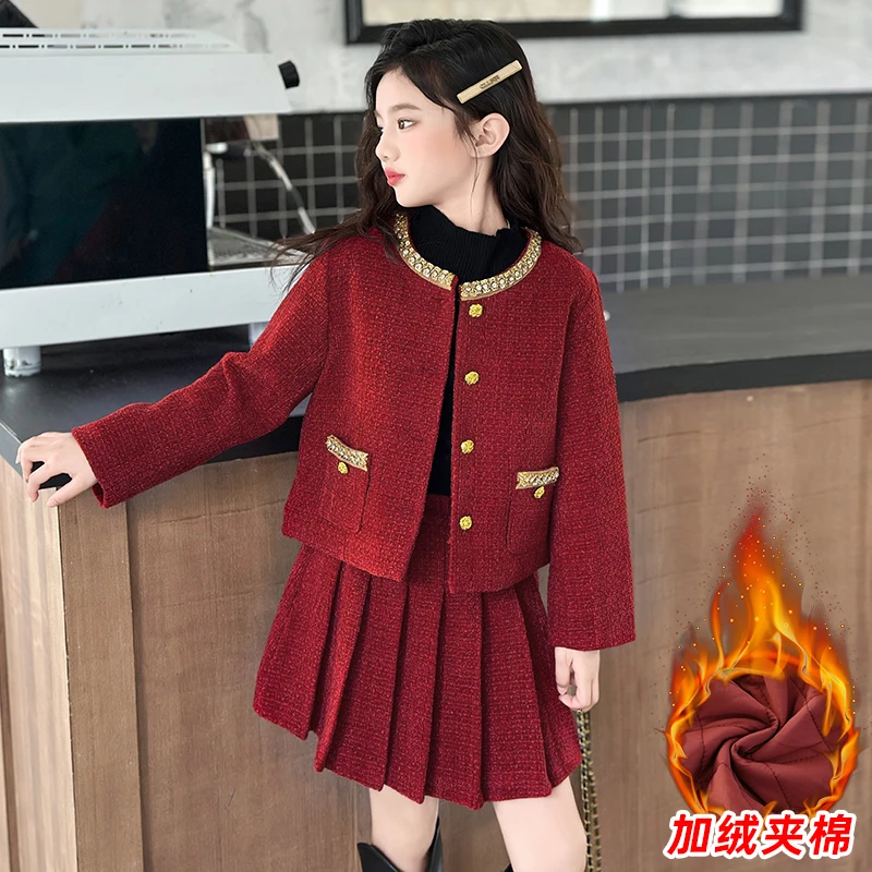 design winter teen girl clothes set beaded round neck jacket+Pleated skirt 2pcs Christma junior children outfit kids suit 4-14
