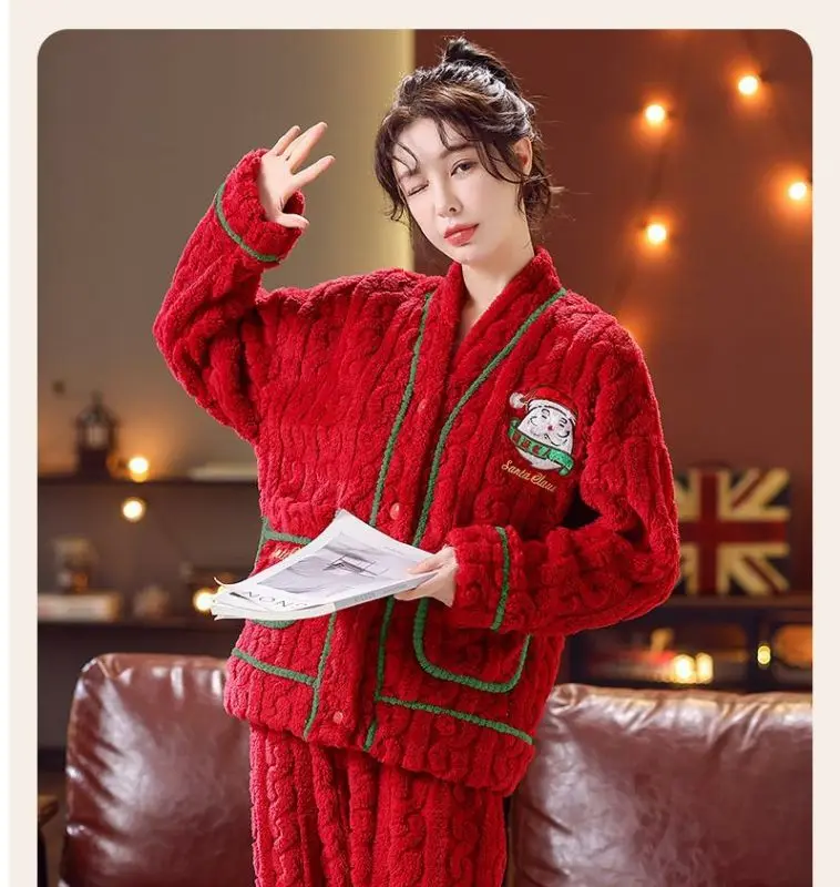 2023 Autumn/Winter New Christmas V-neck Flannel Pajamas Thickened Pajamas Women\'s Home Furnishing Set