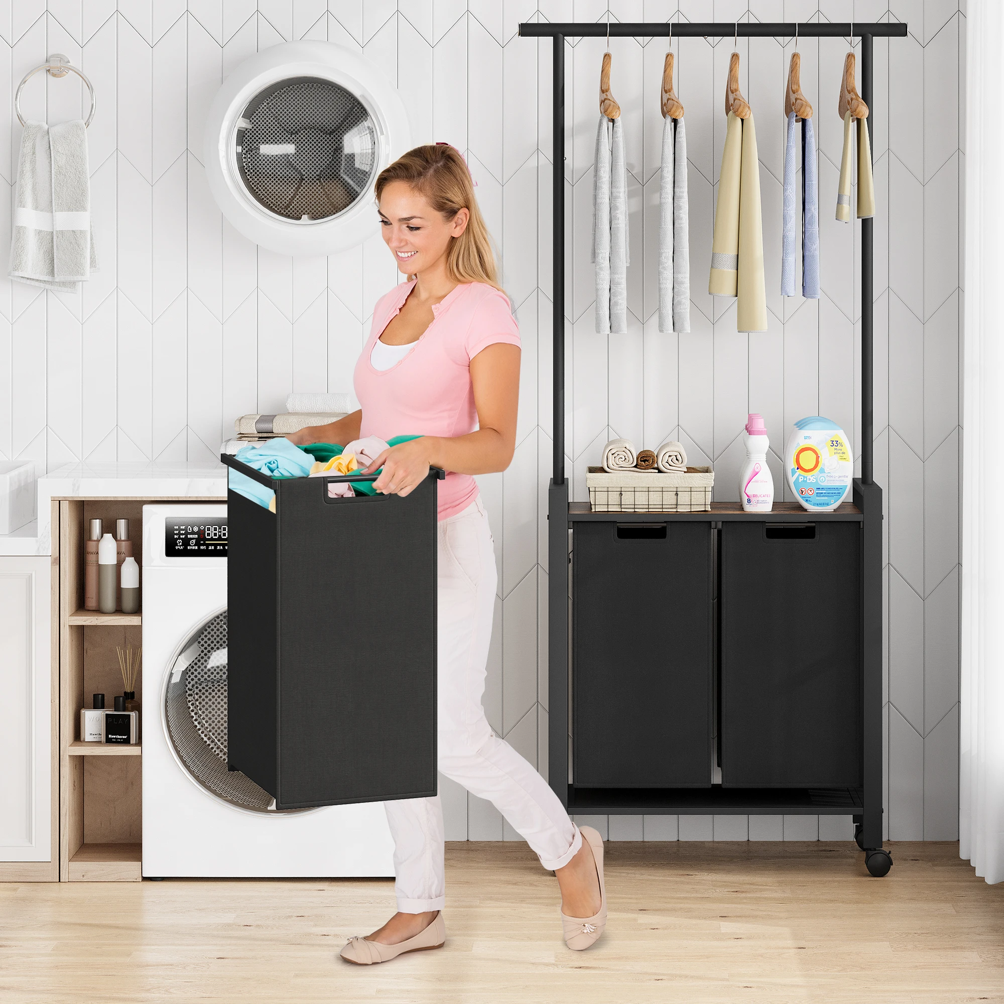 

Laundry Hamper Cart with Hanging Bar, 2 x 13 Gal Laundry Sorter, 2 Removable Bags Laundry Baskets with Wood Top Table & Wheels