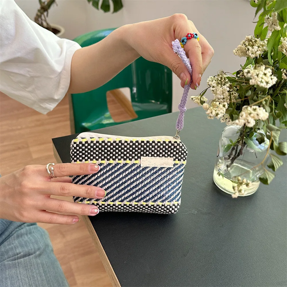 New Woven Colourful Stripes Canvas Clutch Bag Zipper Key Money Bag Pocket Fashion Women Men Coin Purse Small Wallet Card Holder