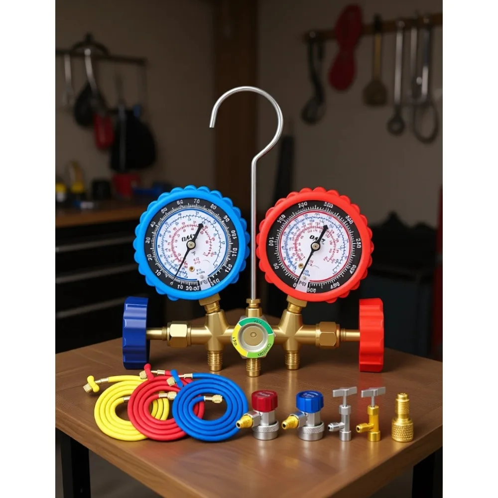 

AC Gauge Set with Self Sealing Can Tap R134a R12 R22 R502 Refrigerant 5FT Hoses Adapter Adjustable Couplers Freon Charge Kit