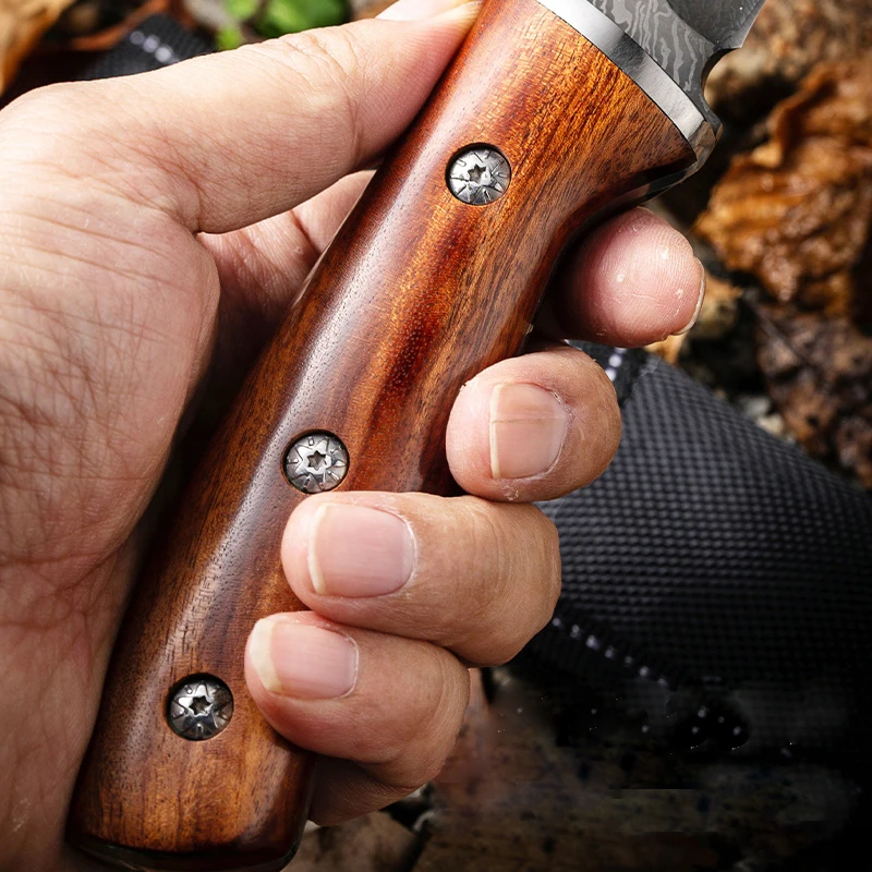 1 pc 9.3 inch, imitation Damascus grain knife, high carbon stainless steel, solid wood handle, for outdoor camping hunting barbe