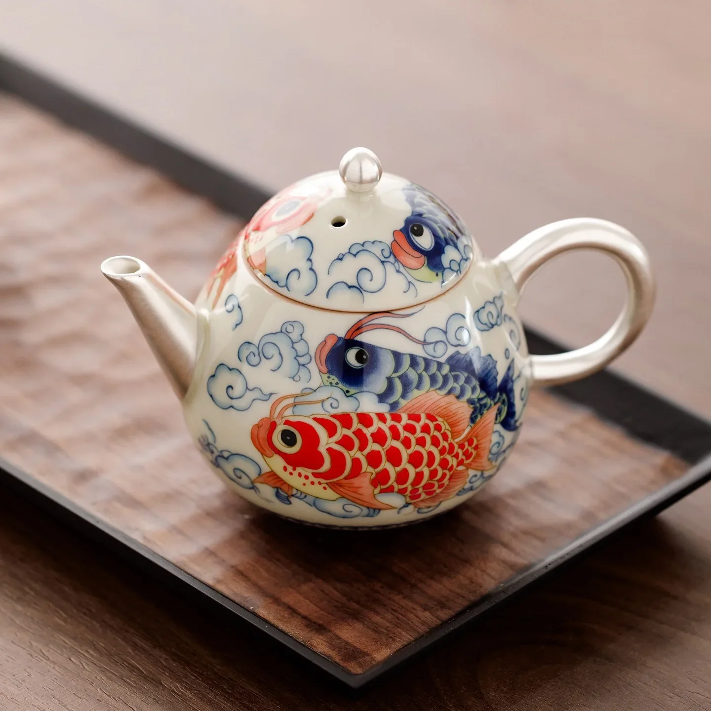 155ML Plant Ash Hand-plated 999Silver Cloud Carp Changle Teapot Household Tea Separation Pot High-grade KungFu TeaSet Pot Holder