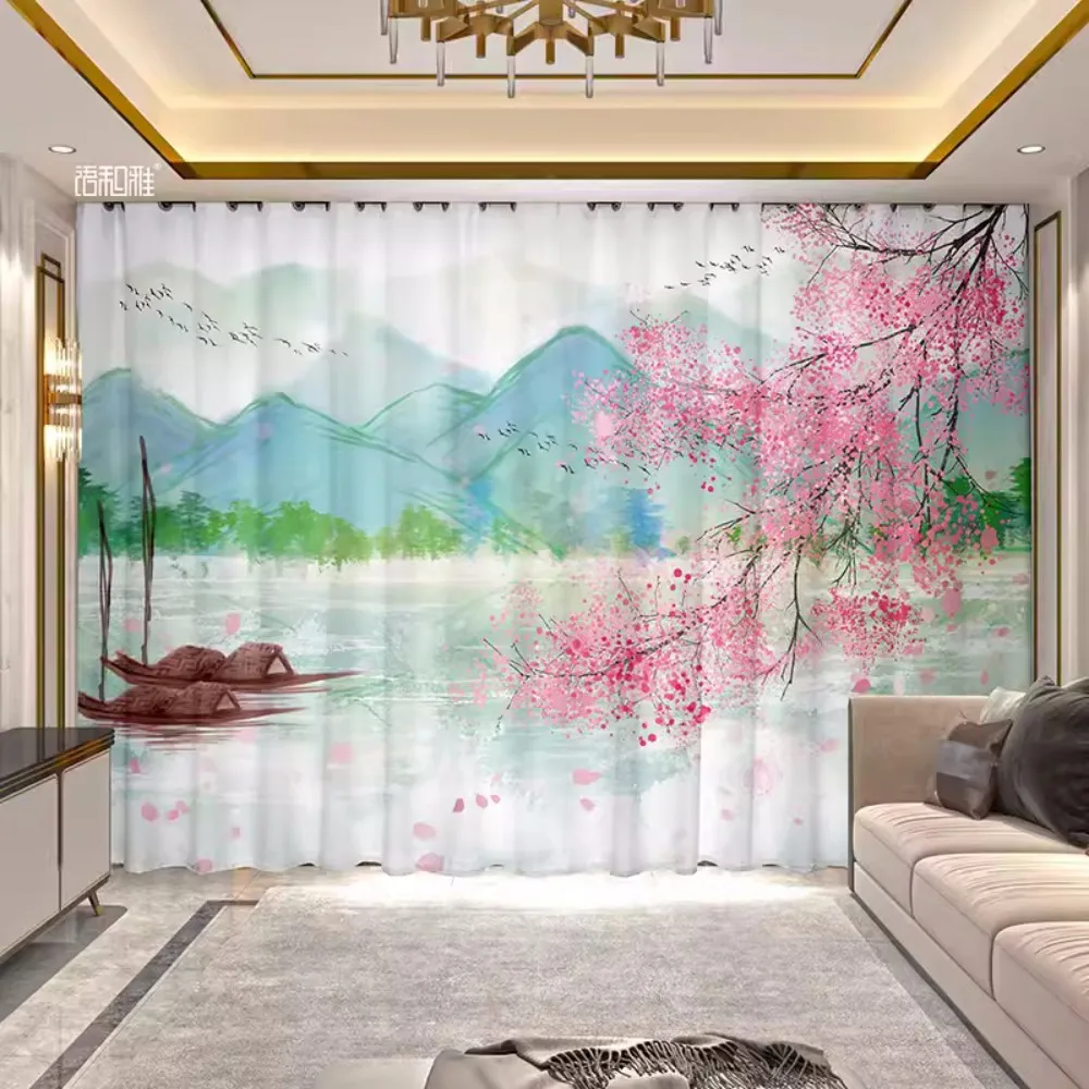 2Panel Peach Blossom Landscape Painting Curtain Chinese Curtain for Girls Bedroom Luxury Living Room Floor-to-ceiling Window