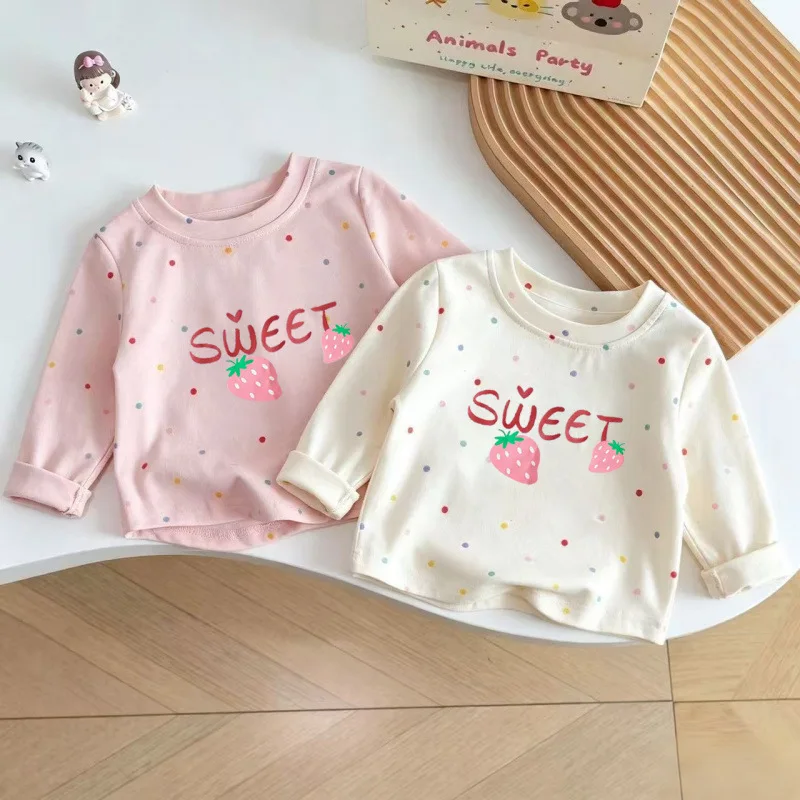 Cotton Girls Spring Autumn Long Sleeve T Shirt New Polka Dot Strawberry Print Cartoon Top Kids Round Neck Undershirt Trendy T