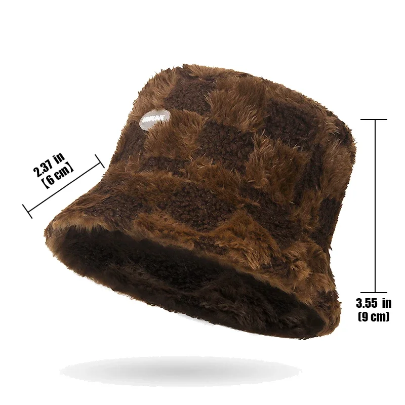 New Autumn and Winter Plush Checkerboard Warm Windproof bucket Hat for Women Fashion All-Match Face-Showing Small Fisherman Hat