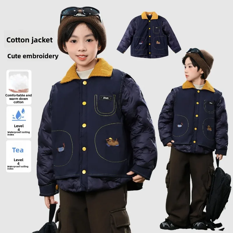 

Джинсовая хлопковая куртка из двух предметов для мальчиков, зимняя повседневная хлопковая куртка в Корейском стиле, 2024, детская красивая толстая теплая куртка, тренд