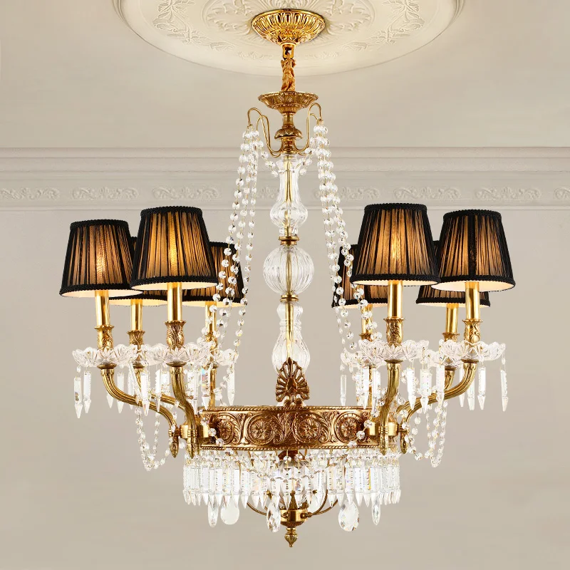 

European Indoor Copper Crystal Living Room Chandelier Luxury Dinning Bedroom Lamp French Led Brass Fabric Pendant Lights