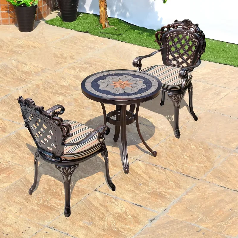 Outdoor Cast Aluminum Tiles Tables Marble Tiles Design Dining Table  for 2 People Courtyard Garden Rust-Resistant Leisure Table